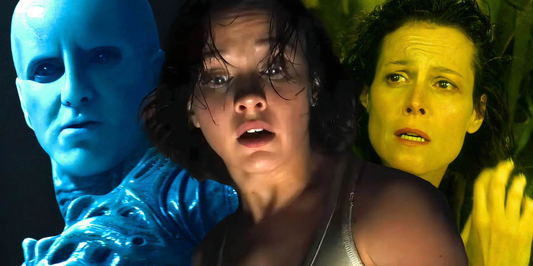 Cailee Spaeny as Rain looking scared in Alien Romulus, Sigourney Weaver as Ripley looking sad in Alien Resurrection and the Engineer looking angry in Prometheus Image