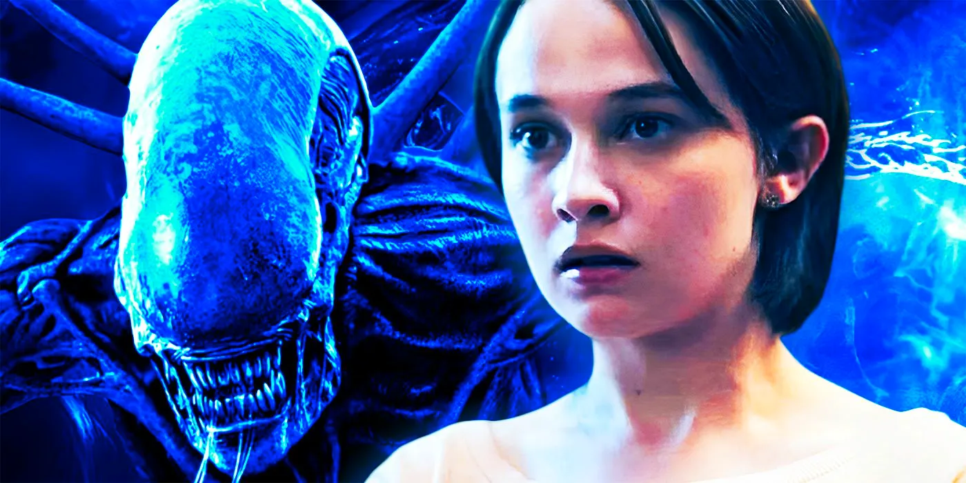 Cailee Spaney in Alien Romulus Next to a Bright Blue Xenomorph Image