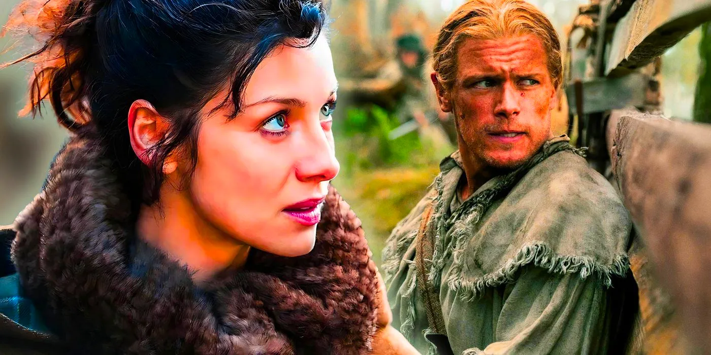 Caitriona Balfe as Claire Fraser looking skeptical and Sam Heughan as Jamie Fraser looking concerned in Outlander Image