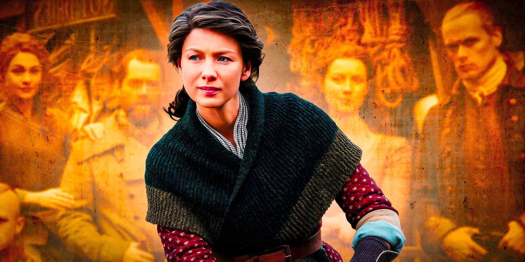 Caitríona Balfe as Claire looking serious in Outlander with imagery of the show's cast behind her Image