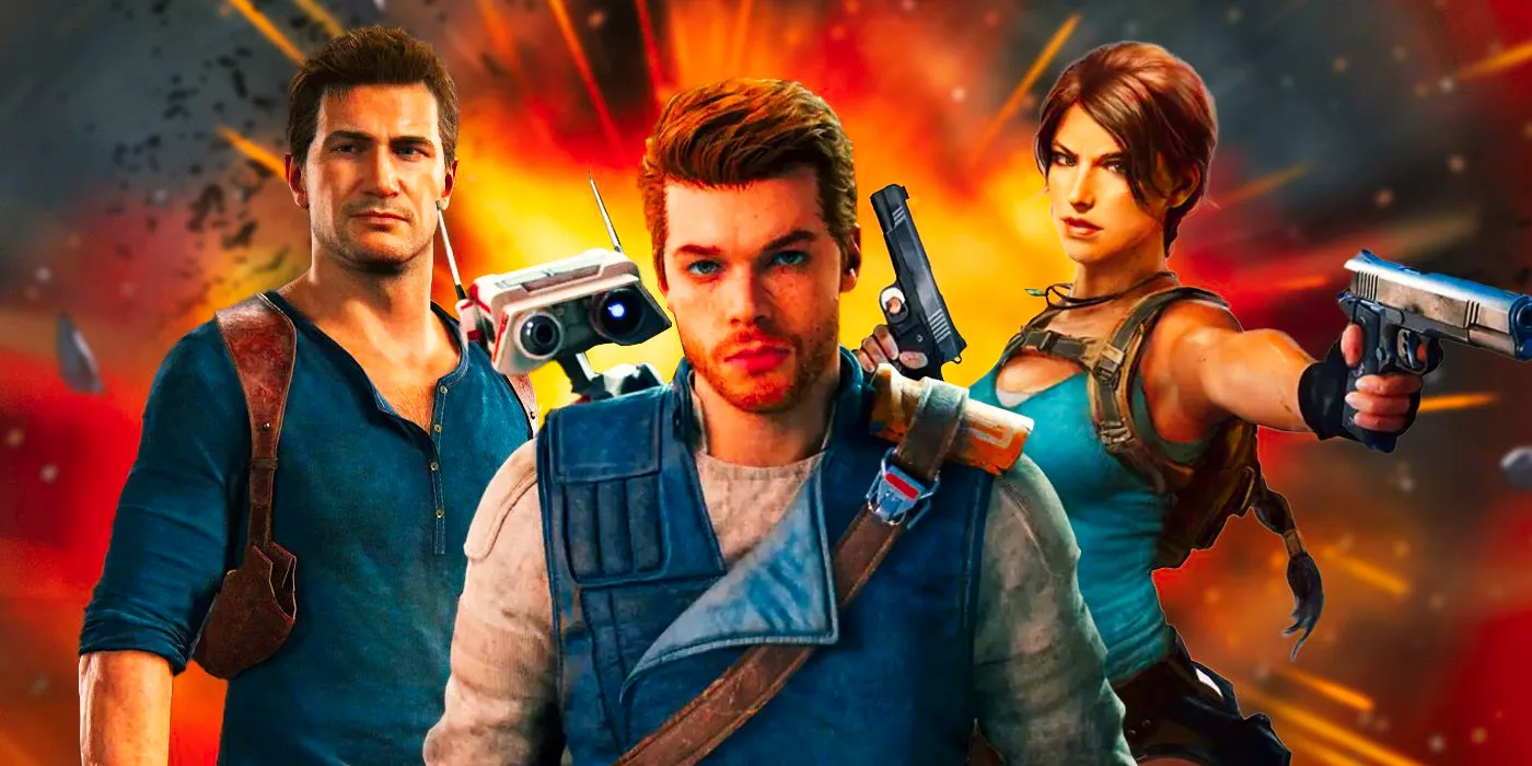 Cal Kestis from Star Wars Jedi Survivor, with Nathan Drake from Uncharted and Lara Croft from Tomb Raider Image