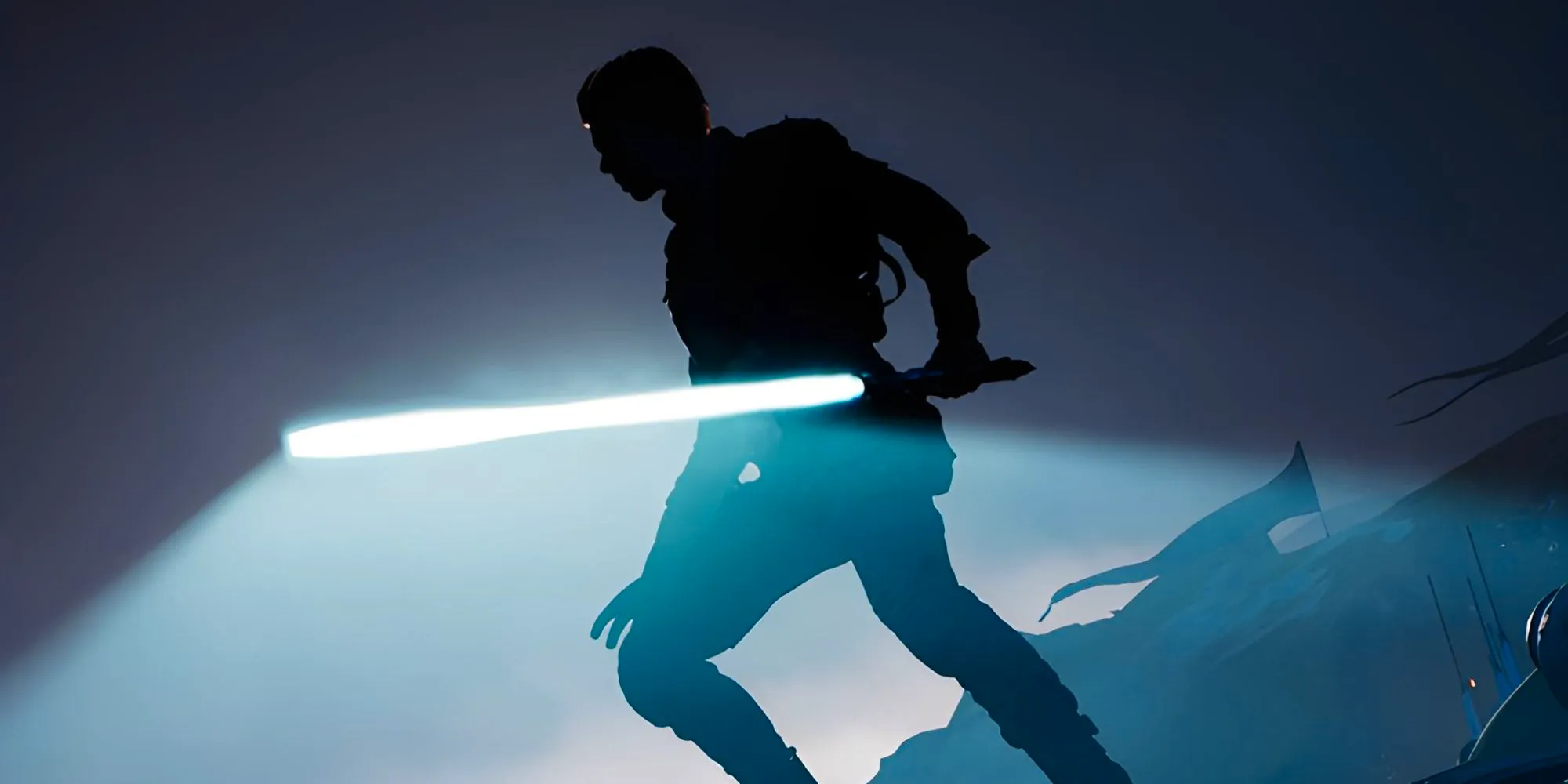 Cal Kestis shrouded in shadow, holding a lightsaber in art from Star Wars Jedi. Image