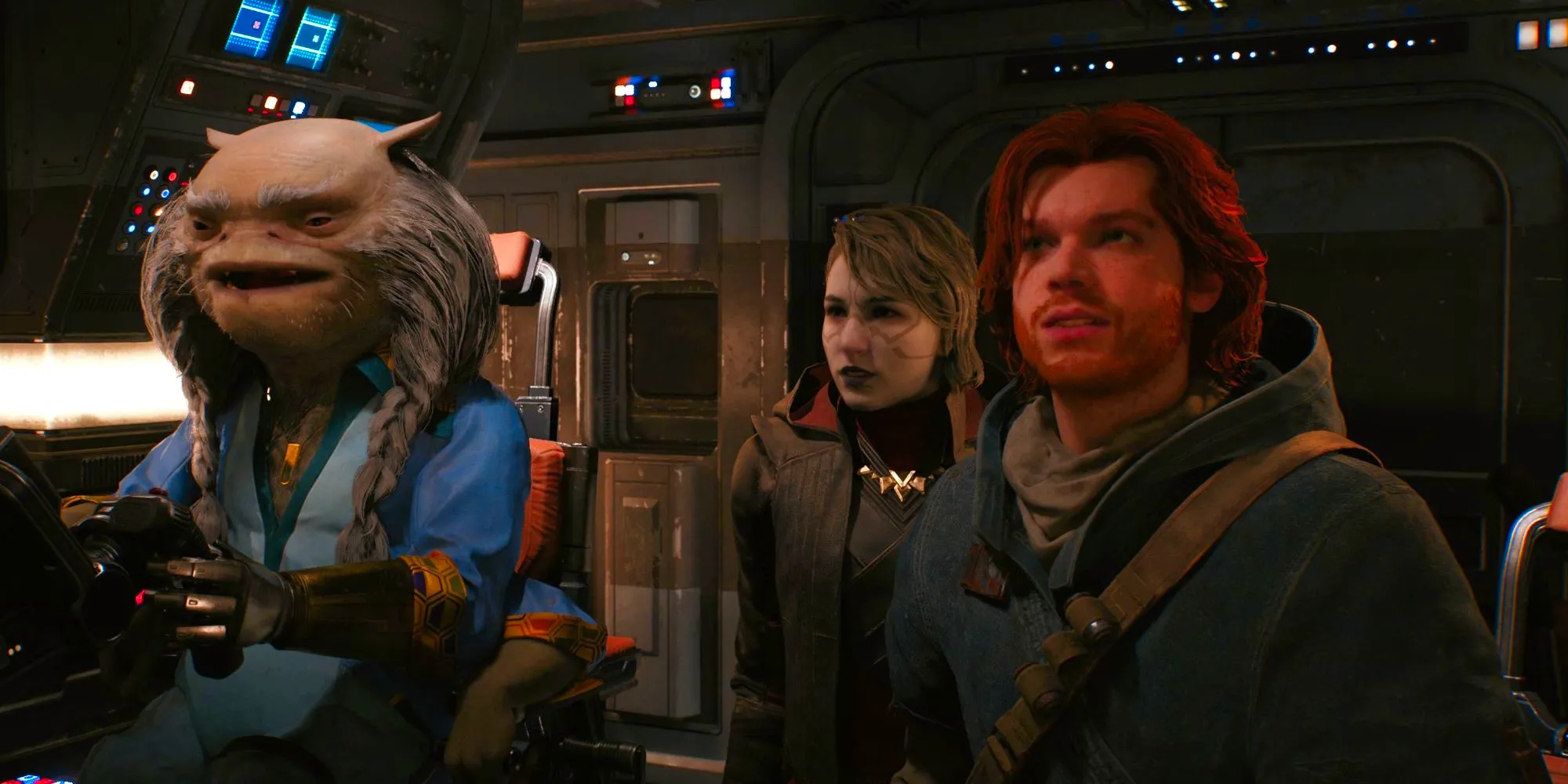 Cal, Merrin, and Greez in the cockpit of the Stinger Mantis in Star Wars Jedi: Survivor. Image