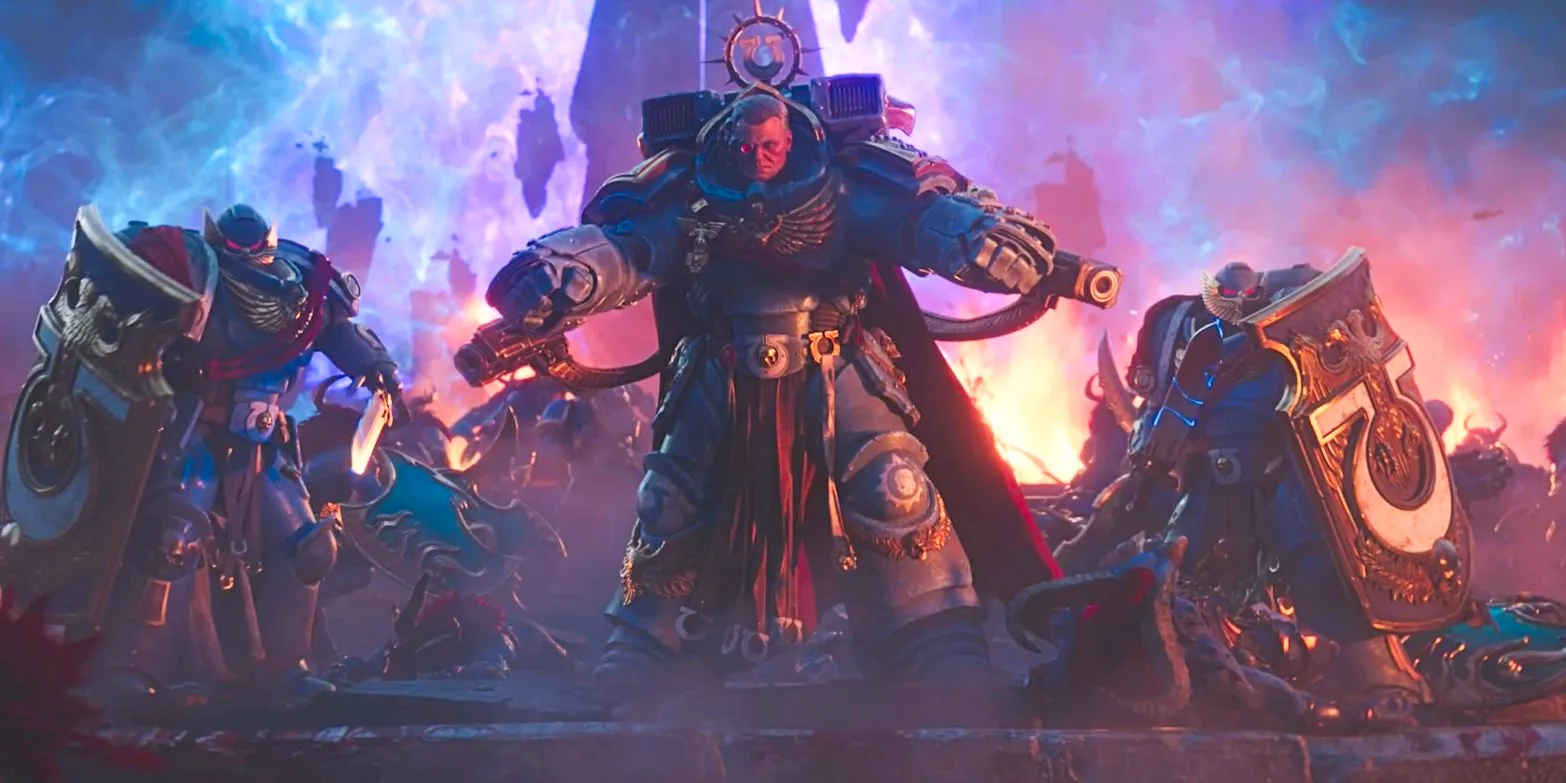 Calgar and two of his troops with arms akimbo in Warhammer 40K Space Marine 2. Image