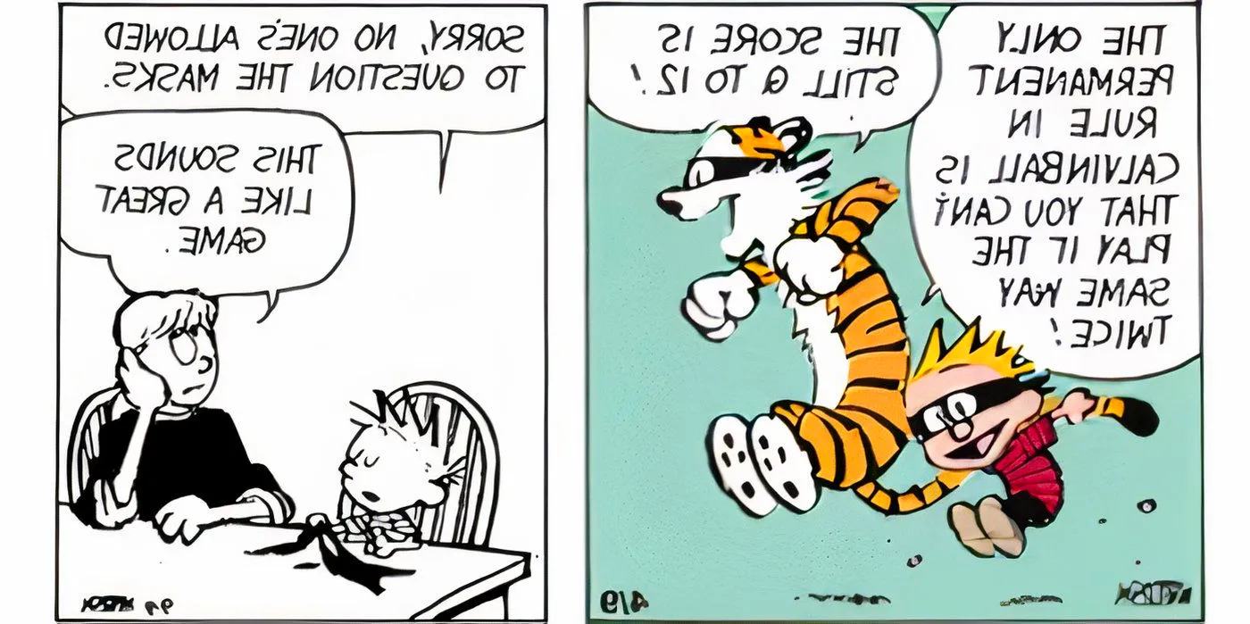 Calvin and Hobbes going over the two rules of Calvinball. Image