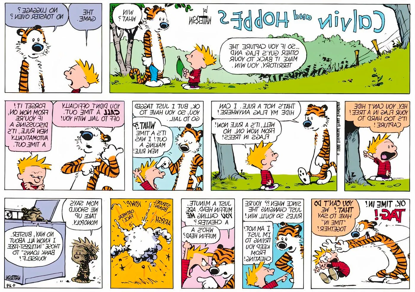 Calvin and Hobbes playing Calvinball for the first time. Image