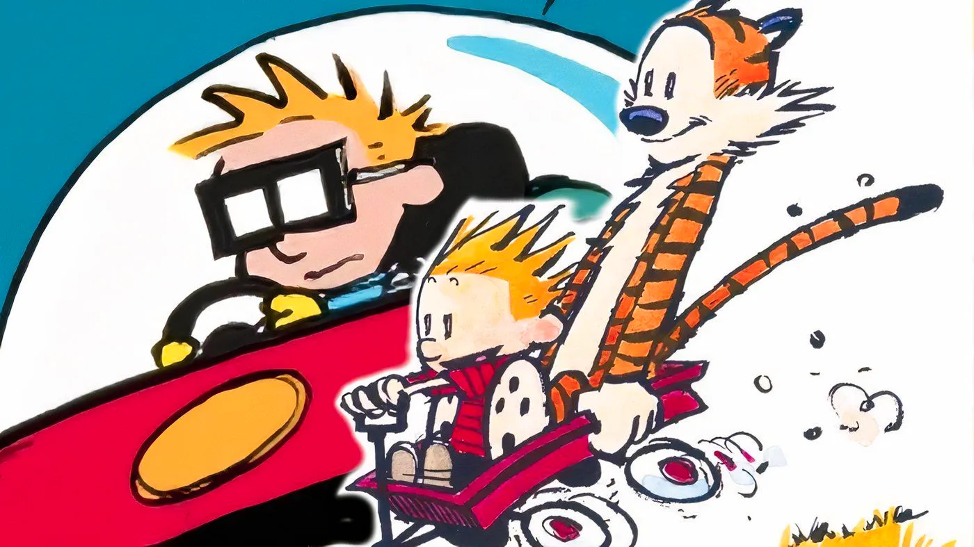 Calvin and Hobbes riding in their wagon with Spaceman Spiff in his spaceship behind them. Image