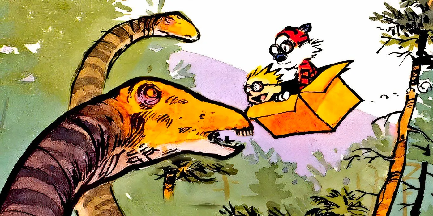 Calvin and Hobbes time traveling, seeing dinosaurs. Image