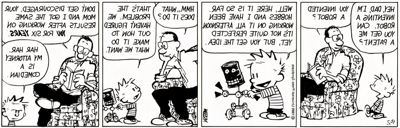 Calvin showing his dad a robot that he and Hobbes invented. Image