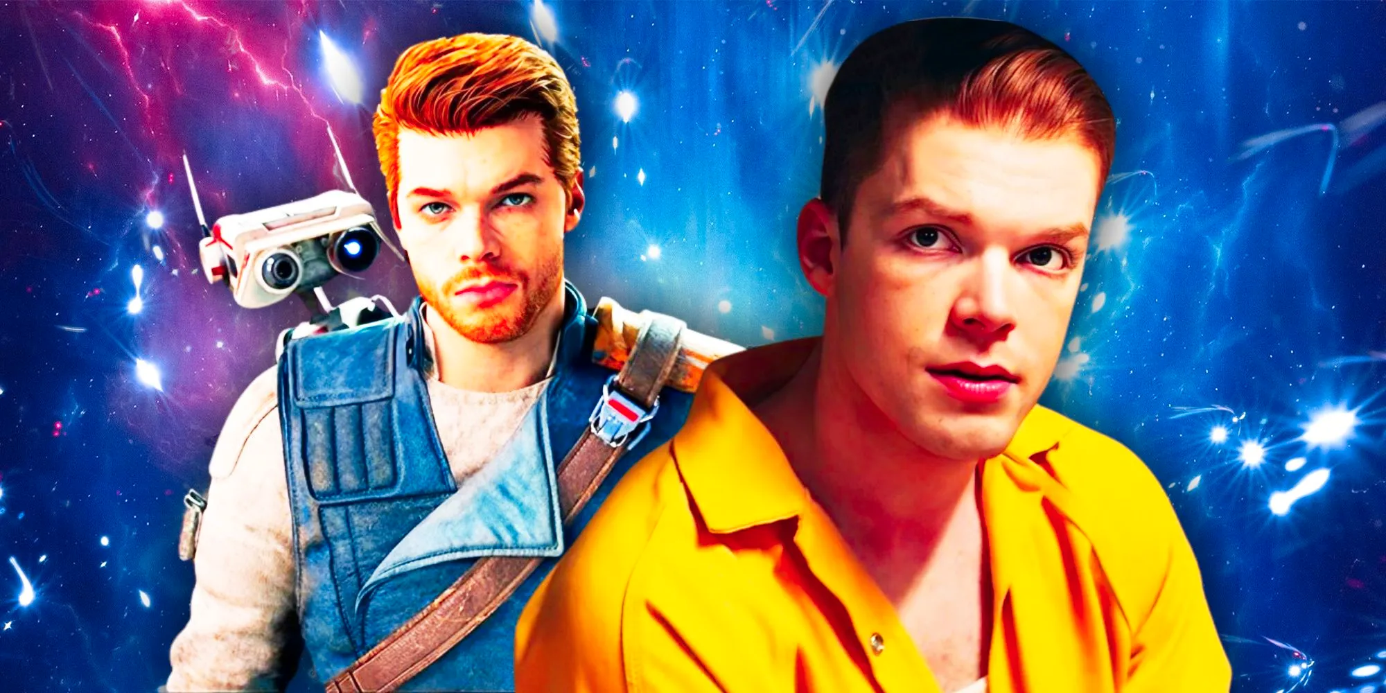 Cameron Monaghan to the left and Cal Kestis to the right in a combined image in front of a background of space in blue and red hues Image