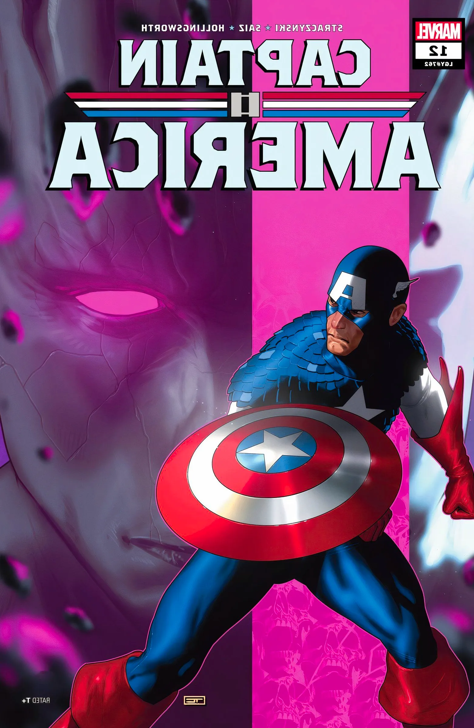 Captain America #12 cover, Captain America holds his shield beside the glowing figure of Death.  Image