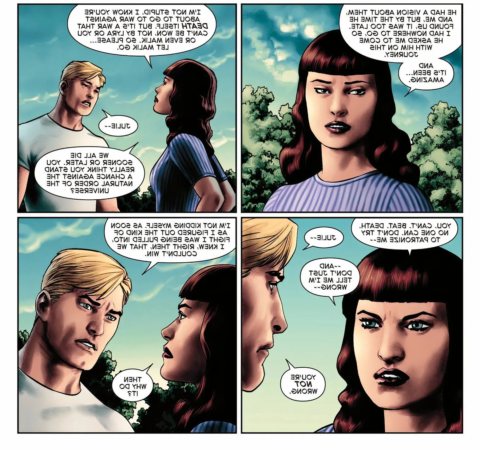 Captain America #12,Captain America discusses death with Julie as they prepare to face its actual embodiment. Image