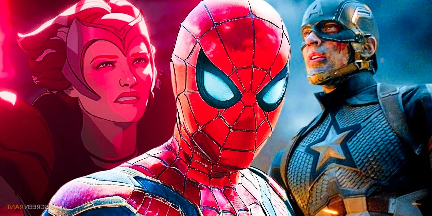 Captain America from Avengers Endgame, Spider-Man from a Spider-Man No Way Home poster, and Scarlet Witch from What If's 1602 episode Image