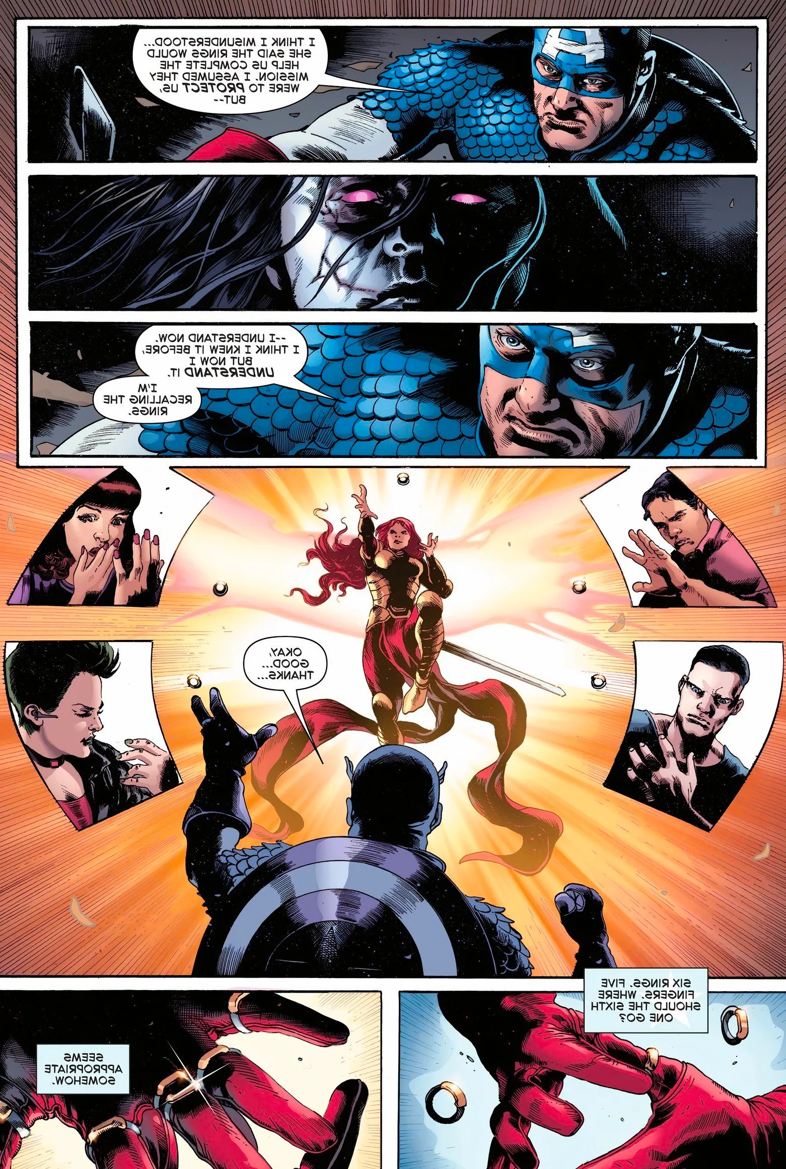 Captain America gathers Lyra's golden rings from his Change Agents and puts them on his gloved hand.  Image