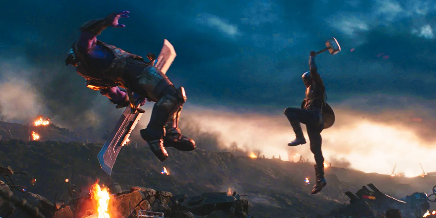 Captain America hitting Thanos with Mjolnir in Avengers Endgame Image