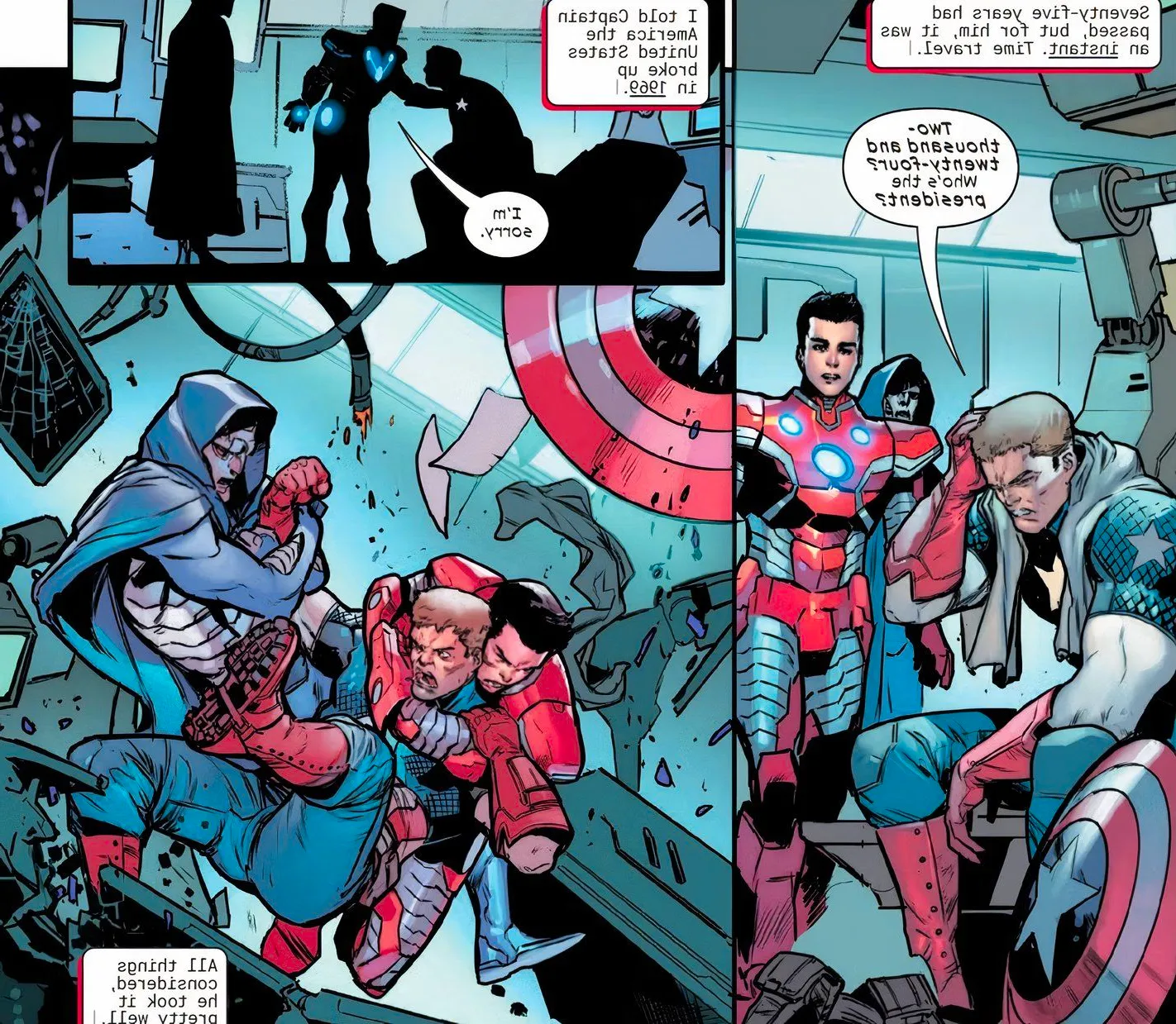 Captain America lashes out and is subdued by Iron Man & Doctor Doom when he's told the United States broke up. Image