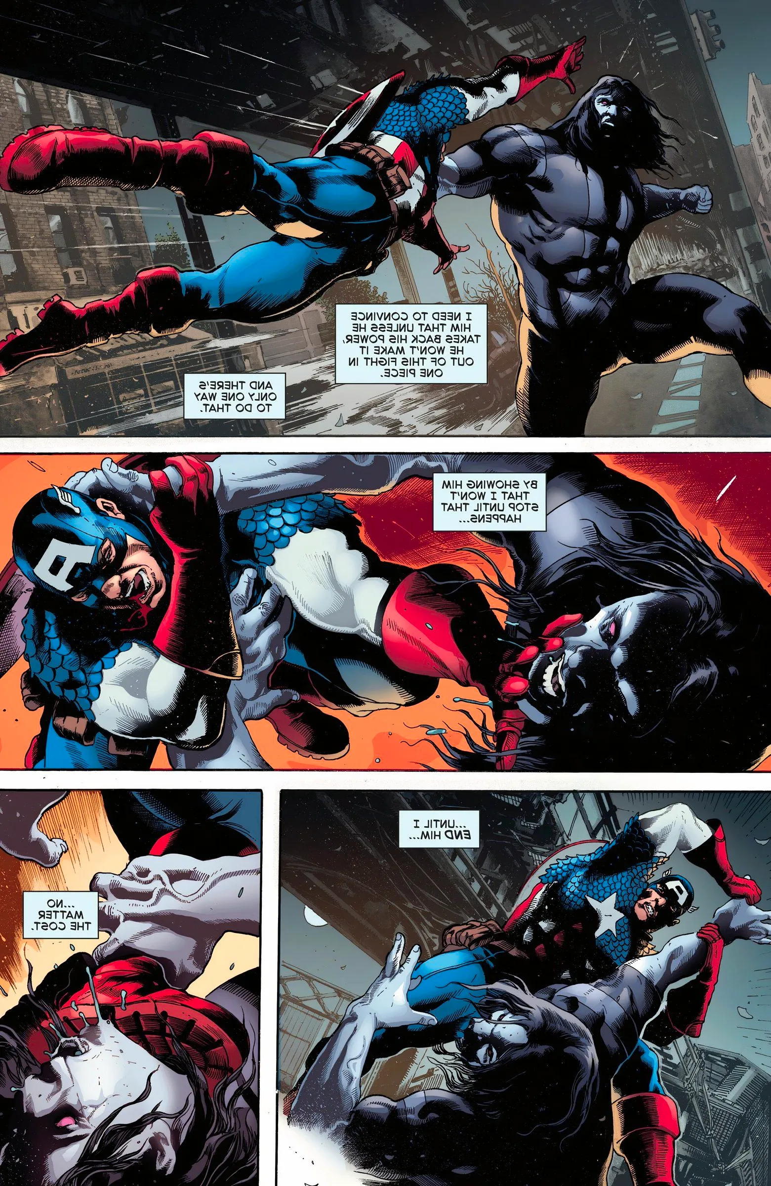 Captain America launches himself at Death and the two fistfight.  Image