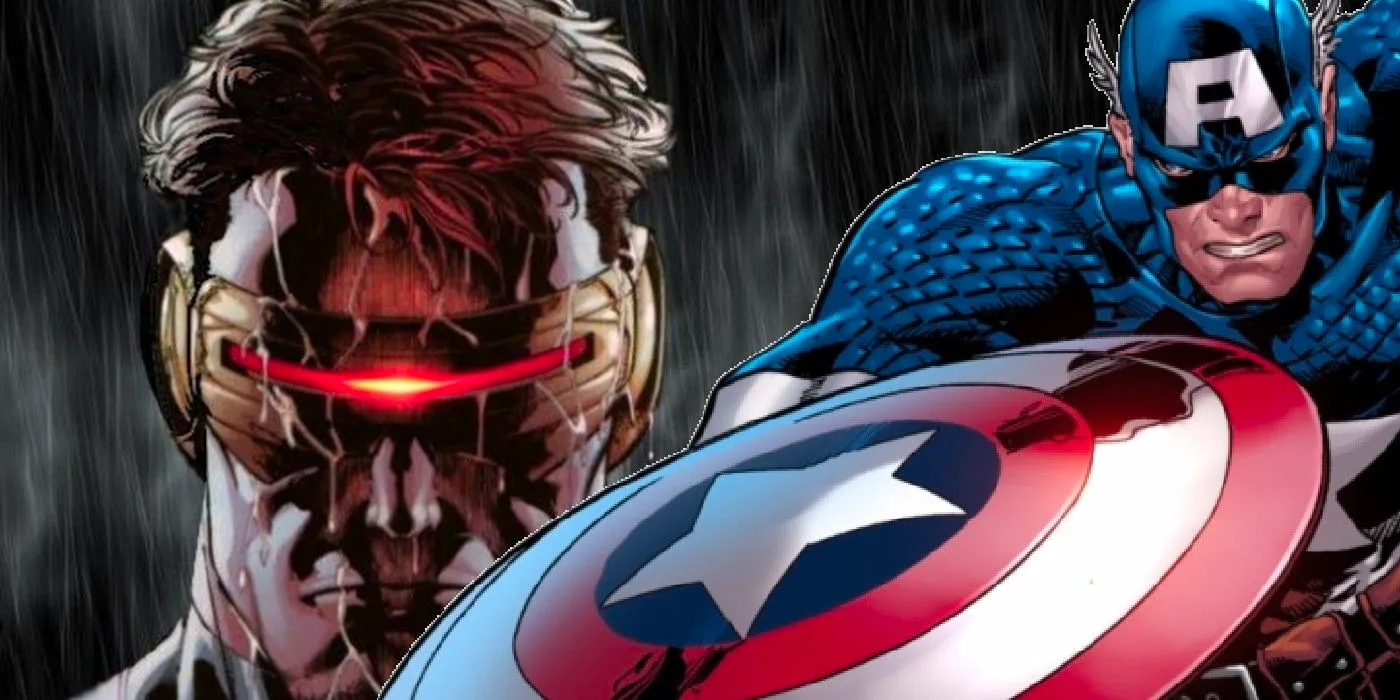 Captain America (left, foreground) and Cyclops (right, background) in the pouring rain. Image