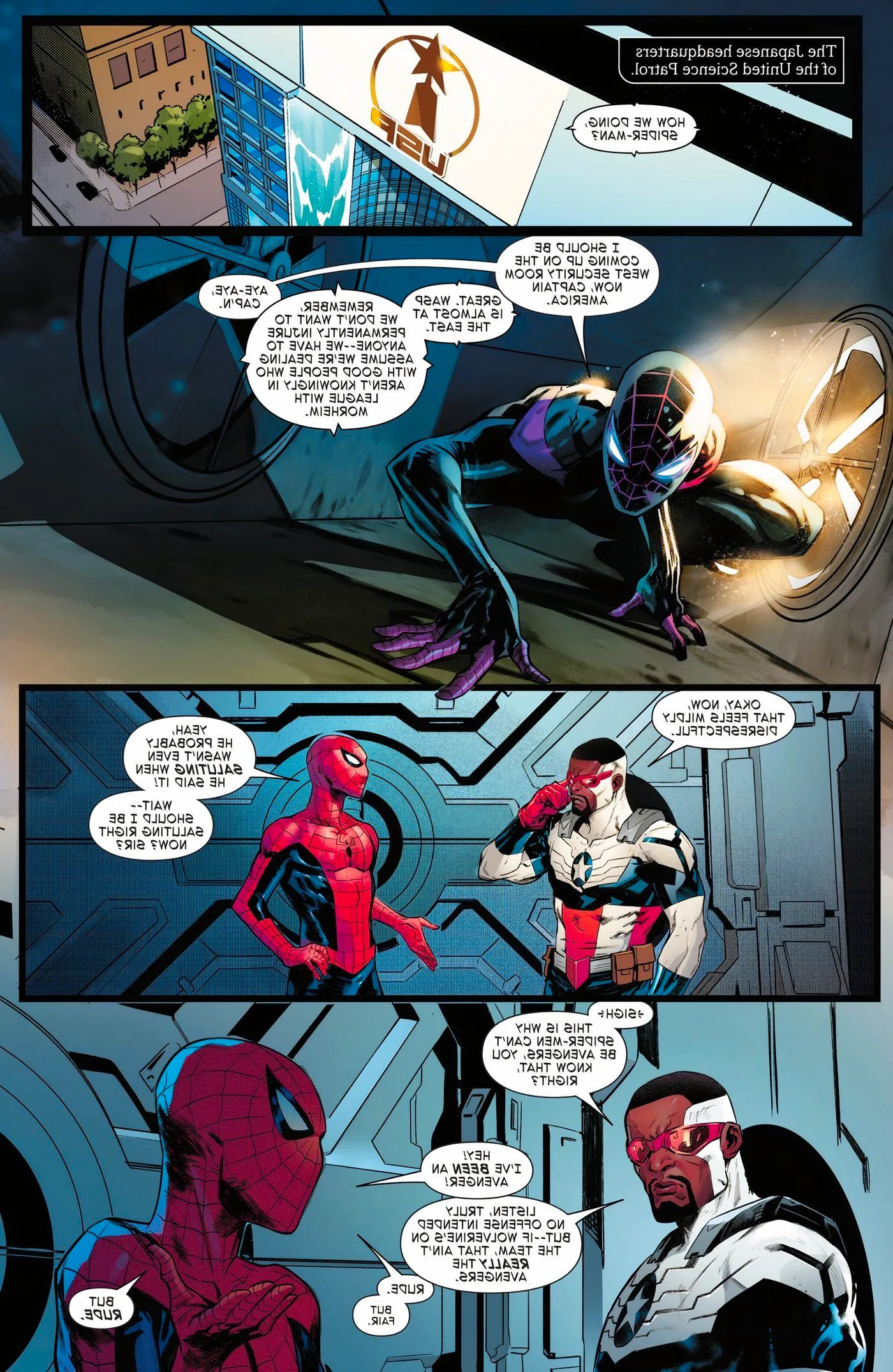 Captain America telling the Spider-Men that they aren't official Avengers. Image