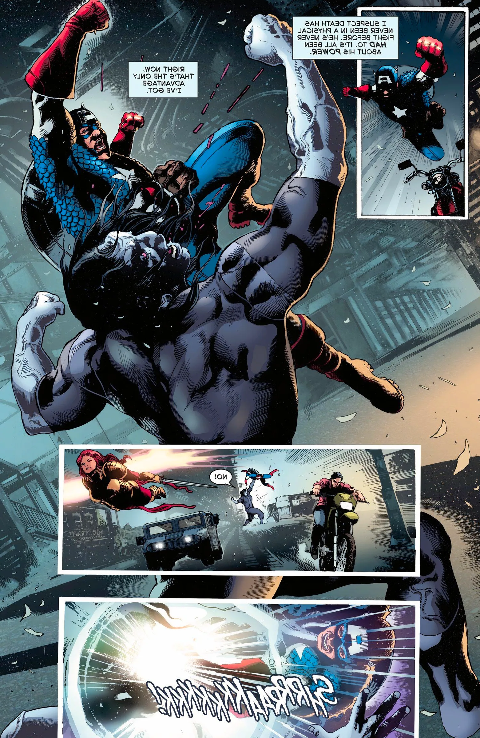 Captain America throws the first punch at Death and knocks him backward.  Image