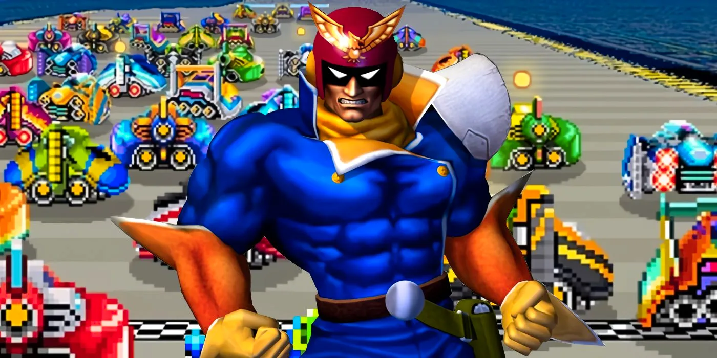 Captain Falcon, a man wearing a red helmet, and blue and orange racing suit, in front of a background of 16-bit F-Zero 99 cars. Image