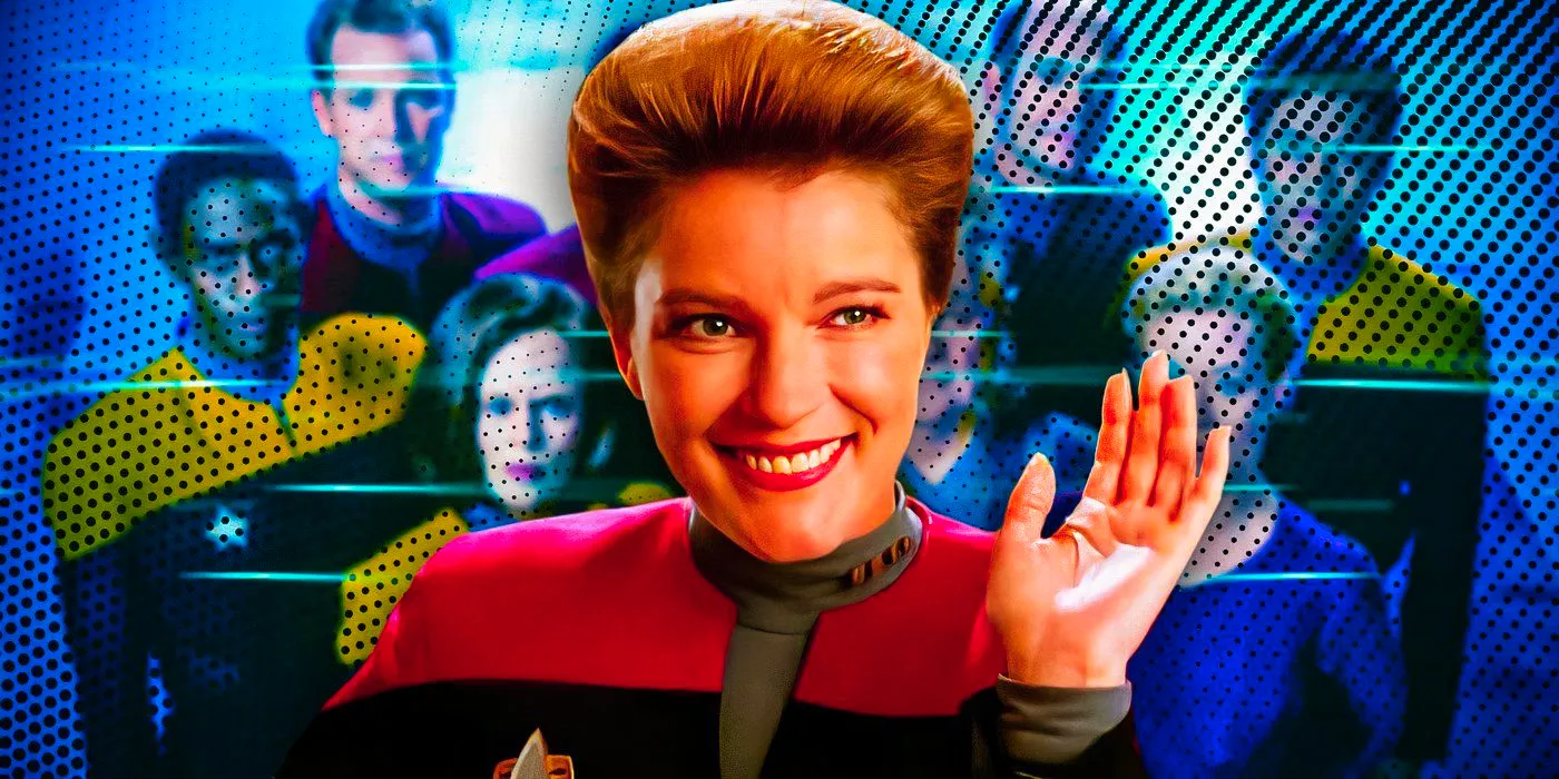 Captain Janeway from Star Trek: Voyager smiles and waves at someone off-screen with the Voyager cast from season 5 in the background. Image