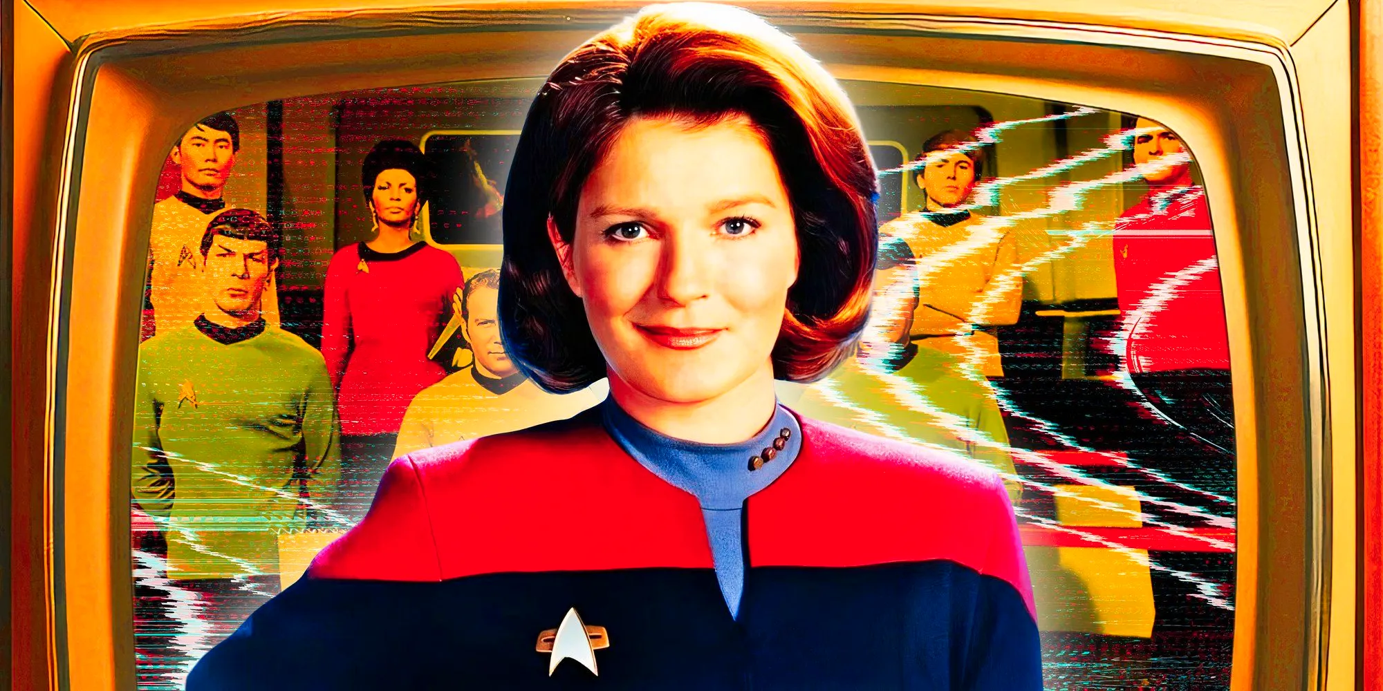 Captain Janeway in Star Trek Voyager and the cast of Star Trek The Original Series Image