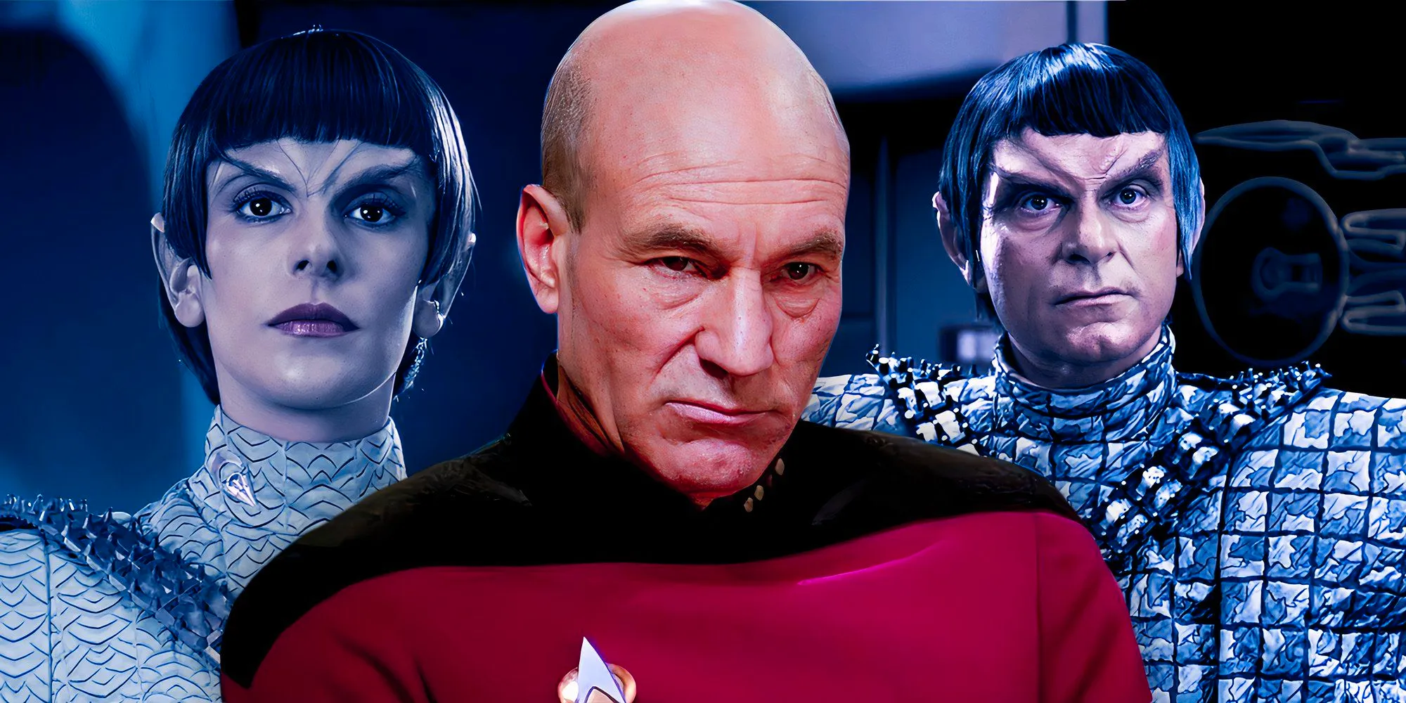 Captain Jean-Luc Picard surrounded by Romulans in Star Trek: The Next Generation Image