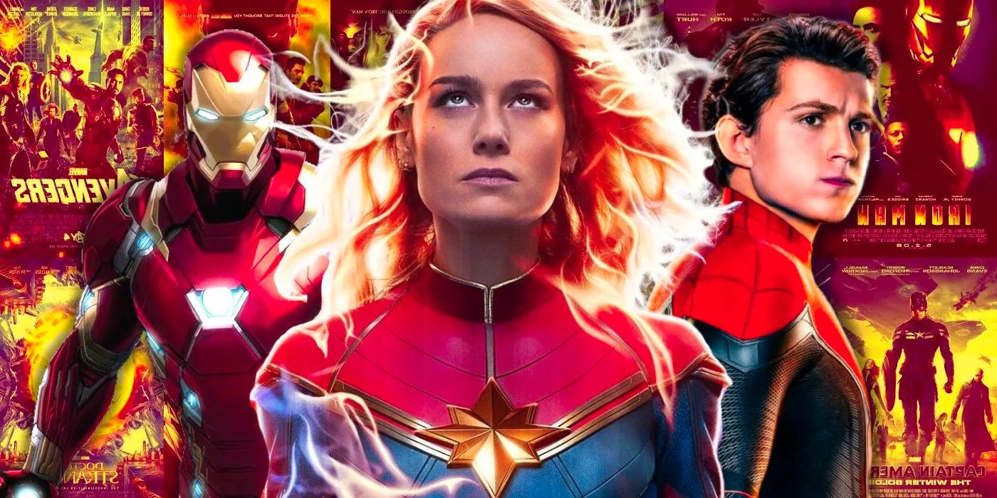 Captain Marvel, Spider-Man and Iron Man against a backdrop of Marvel posters Image