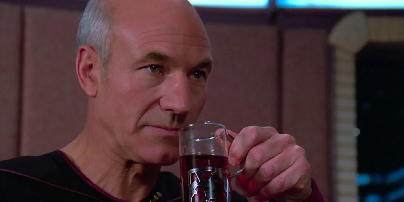 Captain Picard (Patrick Stewart) drinks a cup of Earl Grey Tea in the Star Trek: TNG episode 