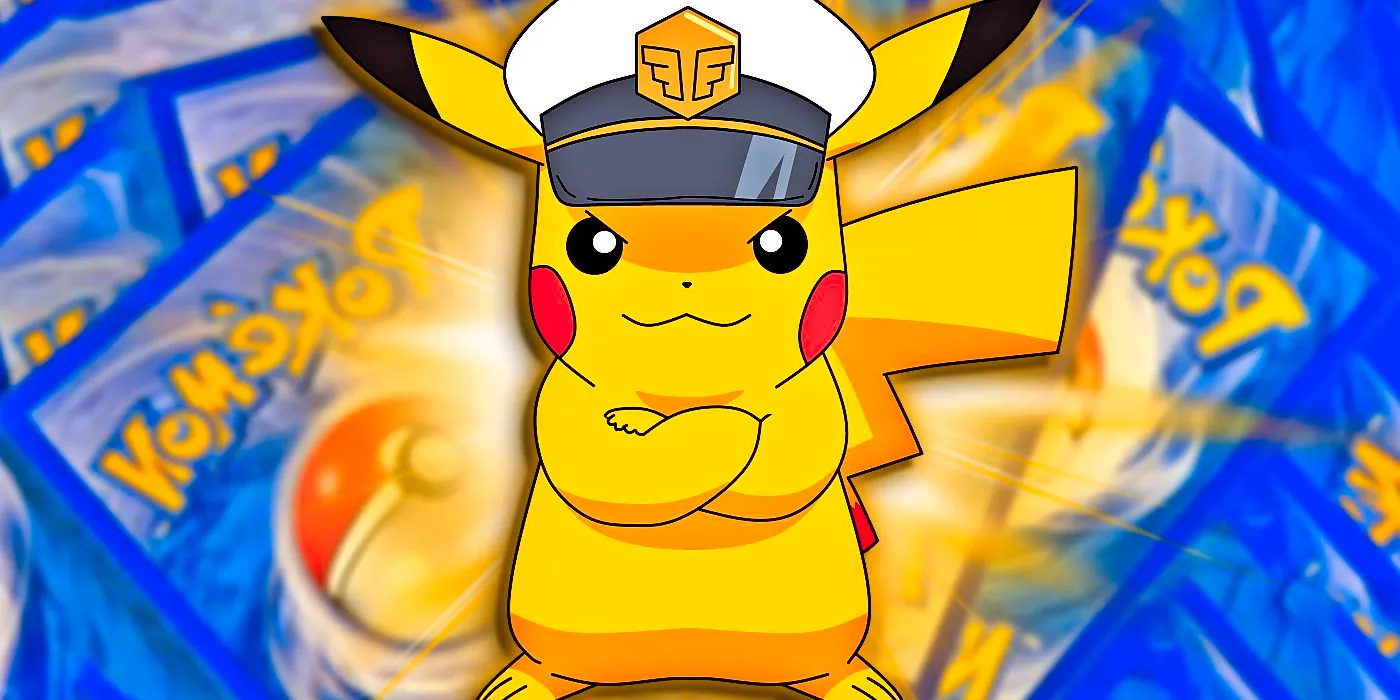 Captain Pikachu crosses its arms and smirks, with Pokemon TCG cards in the back. Image