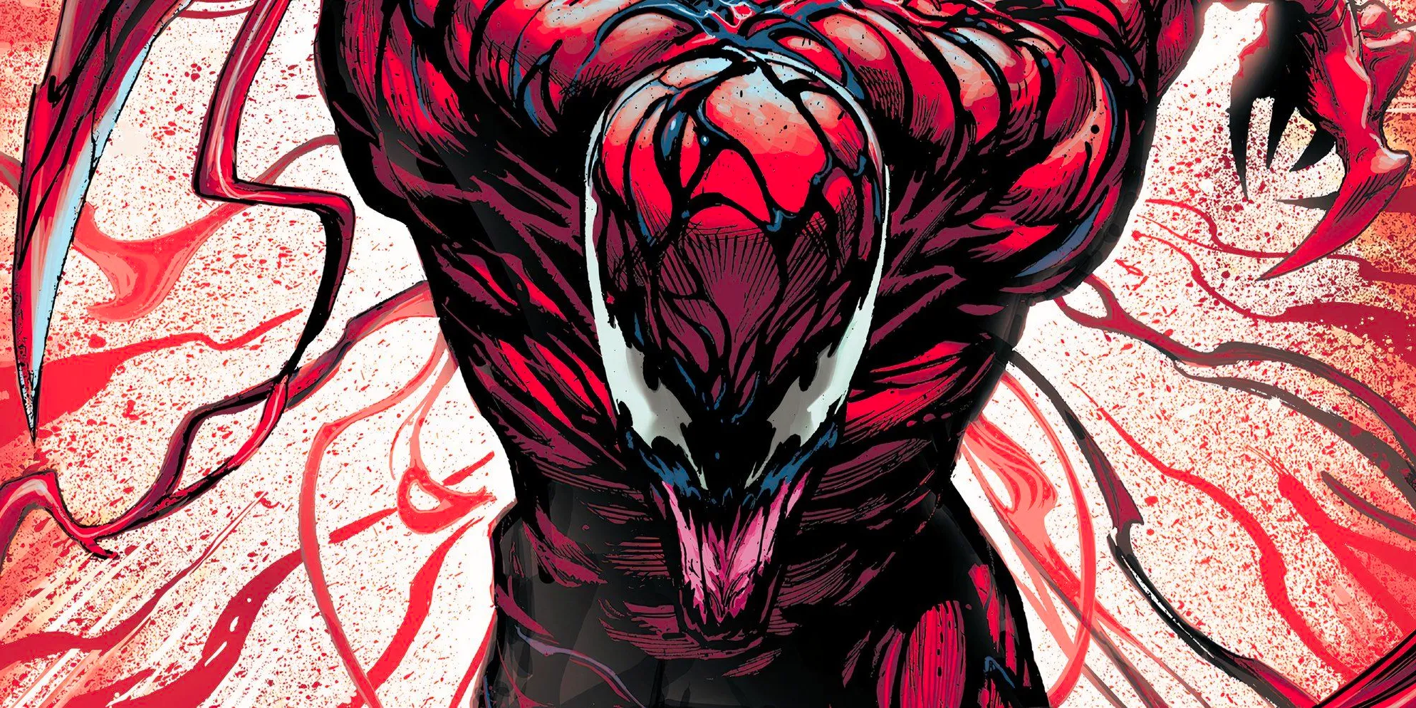 Carnage prepares to attack while surrounded by crimson red tendrils. Image