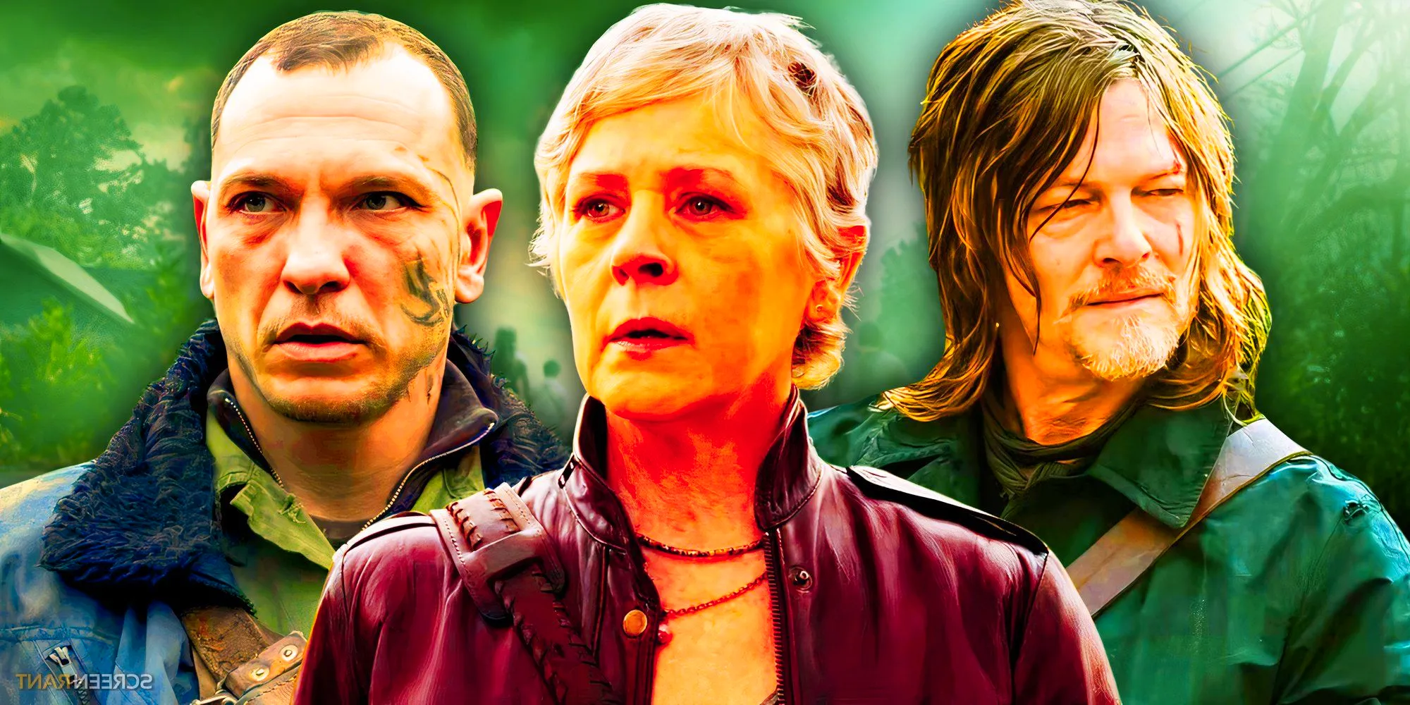 Carol, Codron, and Daryl from The Walking Dead Daryl Dixon. Image