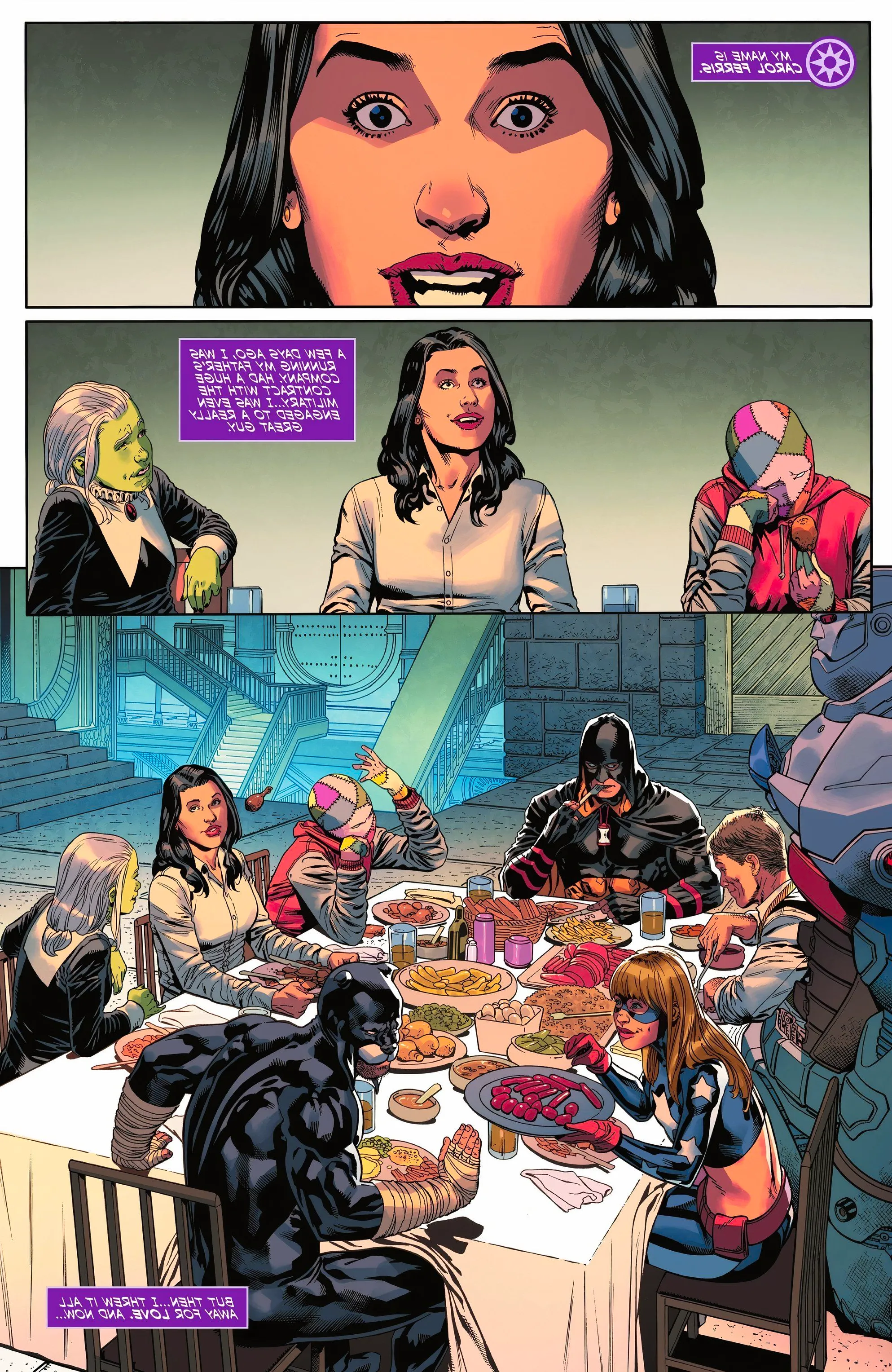 Carol Ferris Dining with the Justice Society and Reflecting DC Image