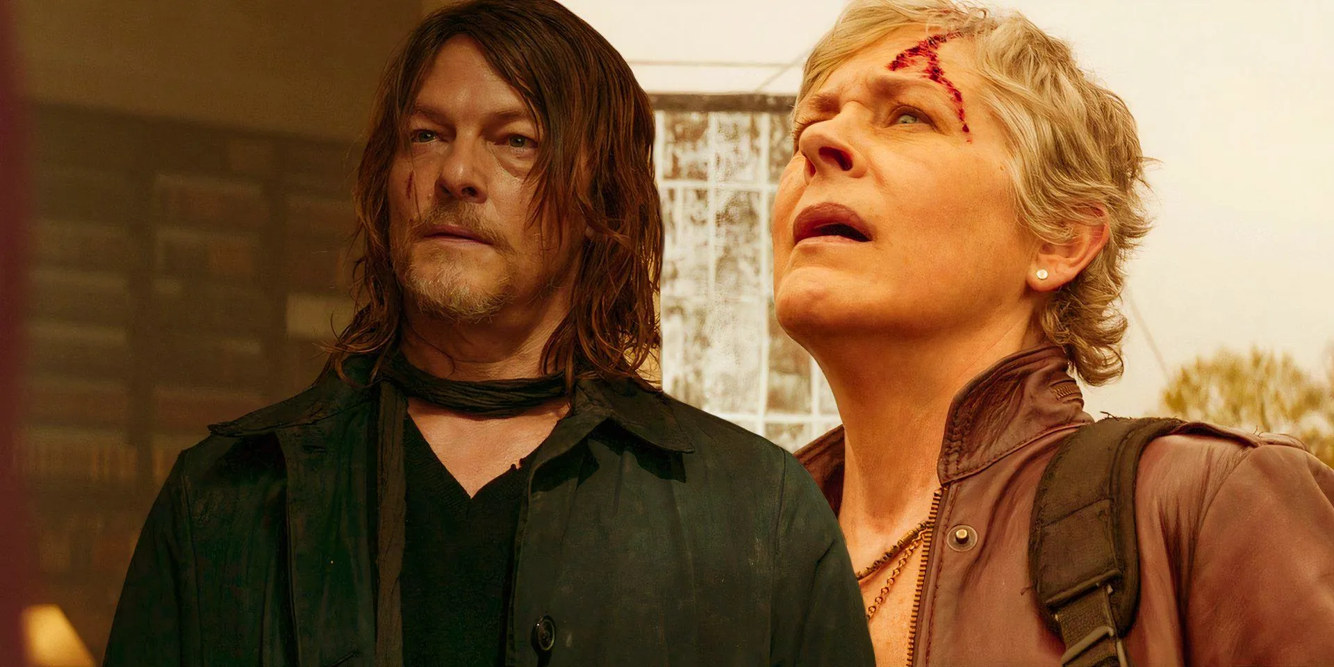 Carol (Melissa McBride) looking upwards with a cut on her head and Daryl (Norman Reedus) looking thoughtful in The Walking Dead Daryl Dixon Image