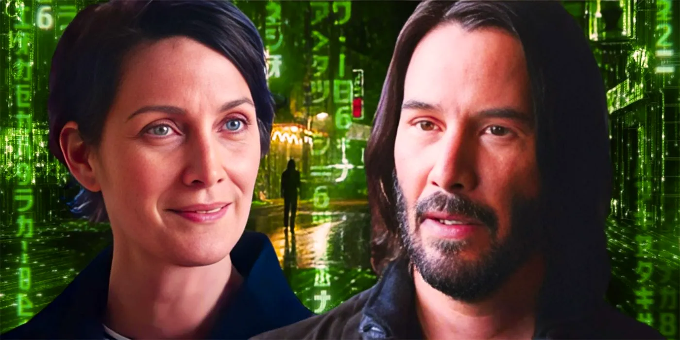 Carrie Ann Moss as Trinity and Keanu Reeves as Neo In Front of The Matrix Image