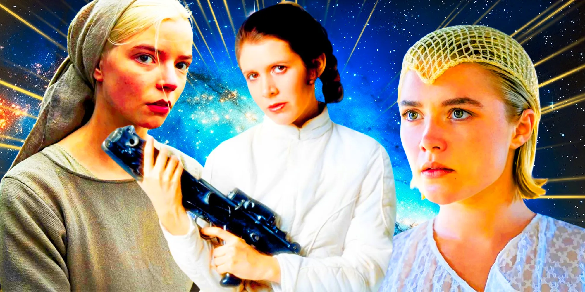 Carrie Fisher as Princess Leia holding a blaster in the center, Florence Pugh to the left, and Anya Taylor-Joy to the right in a combined image in front of a blue background with stars Image