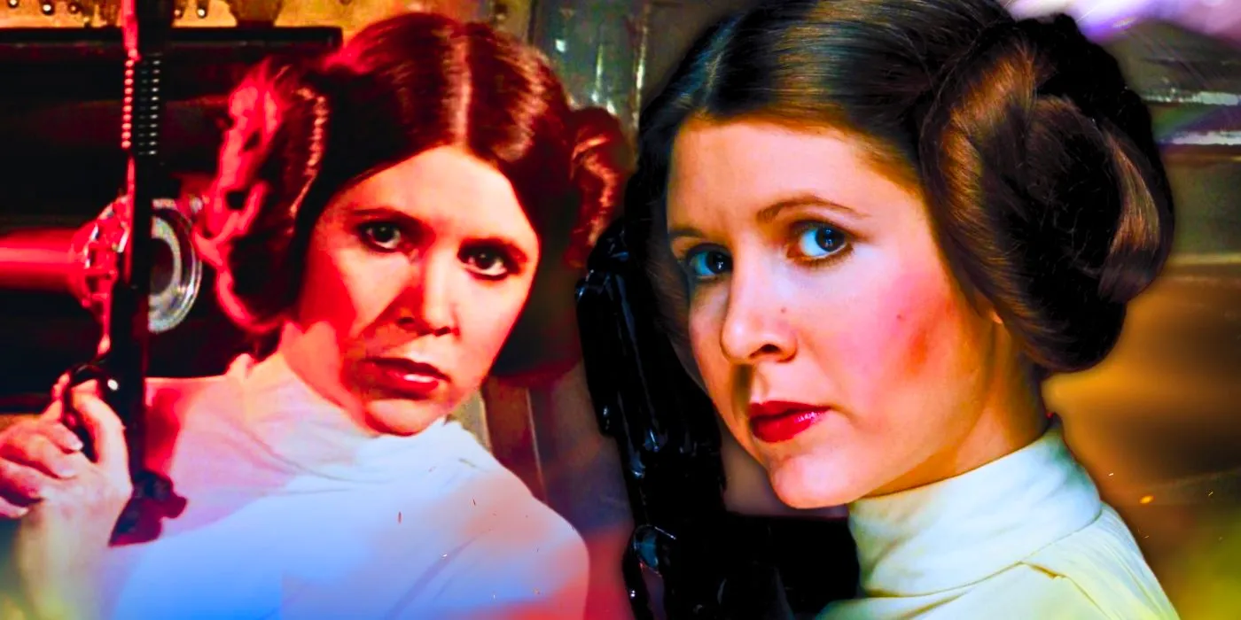 Carrie Fisher as Princess Leia in A New Hope to the left and the right holding a blaster in both images Image