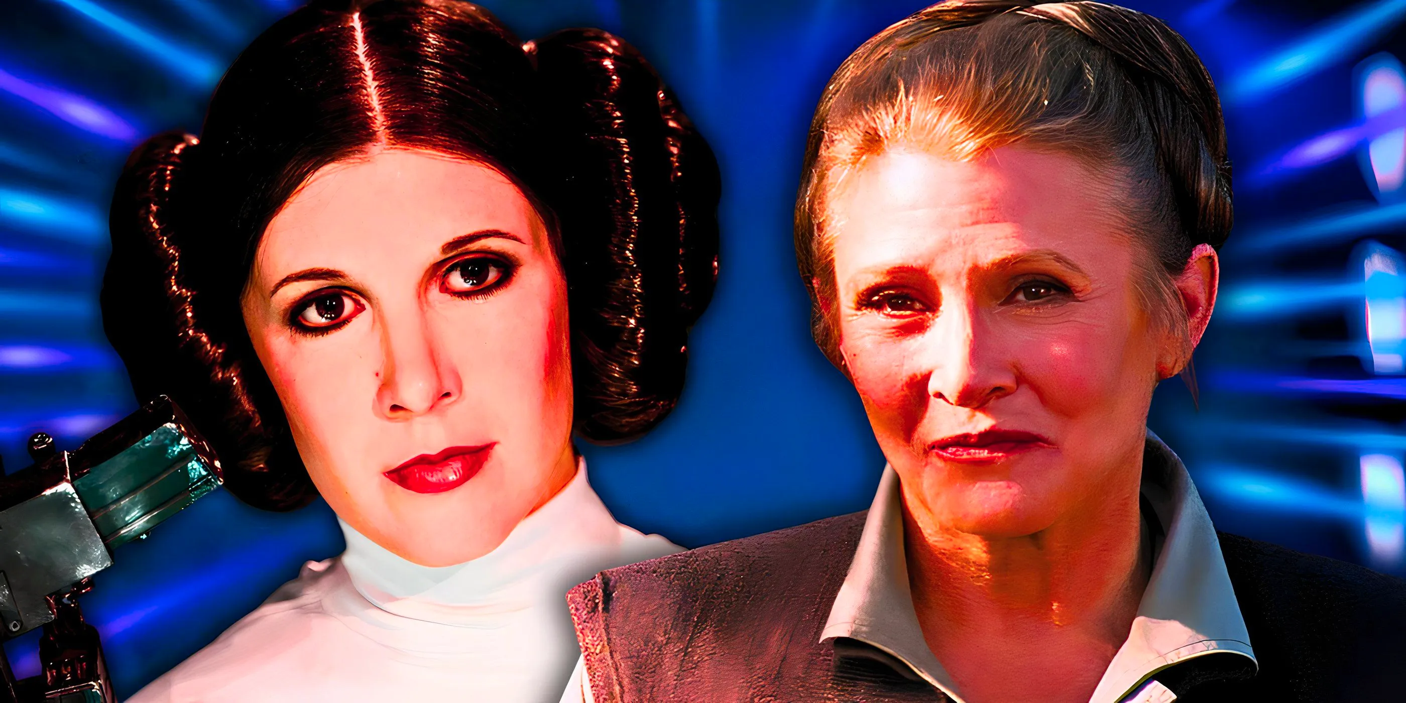 Carrie Fisher as Princess Leia in the Star Wars sequel and original trilogies, edited over a dynamic background Image