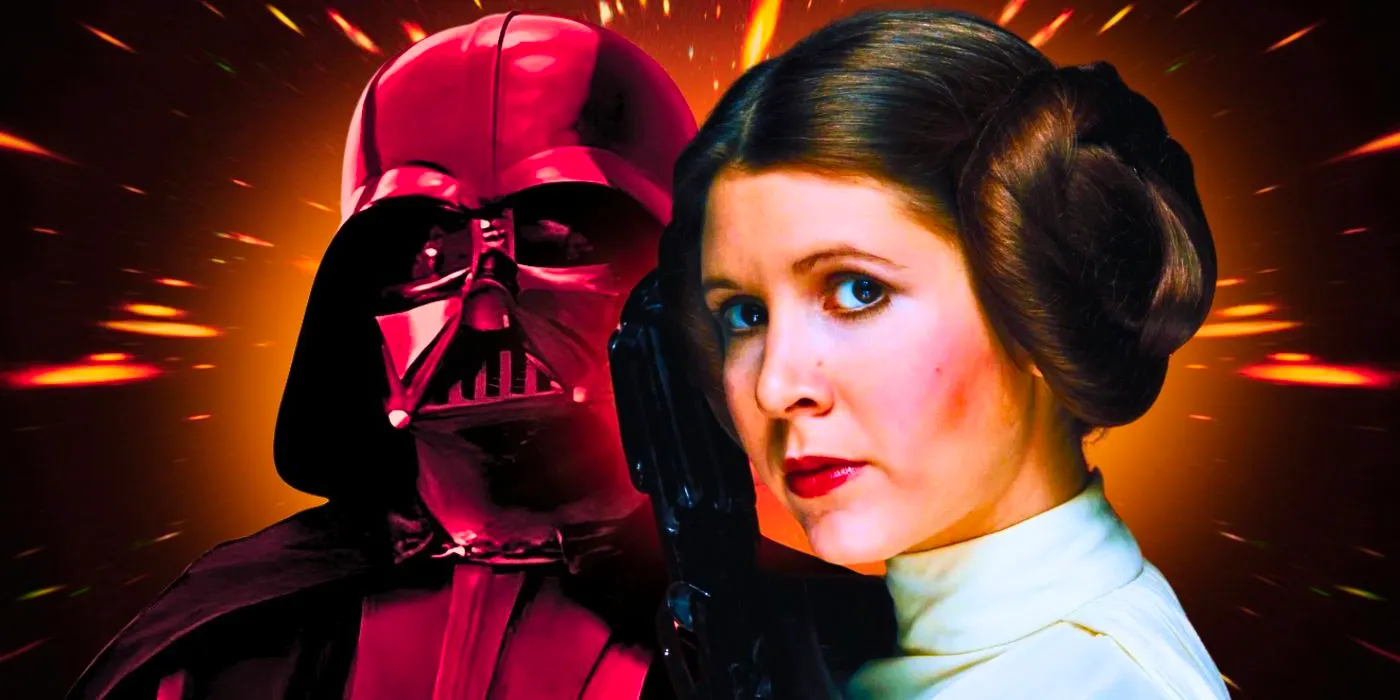 Carrie Fisher's Princess Leia holding a blaster next to Darth Vader on an orange and black background Image