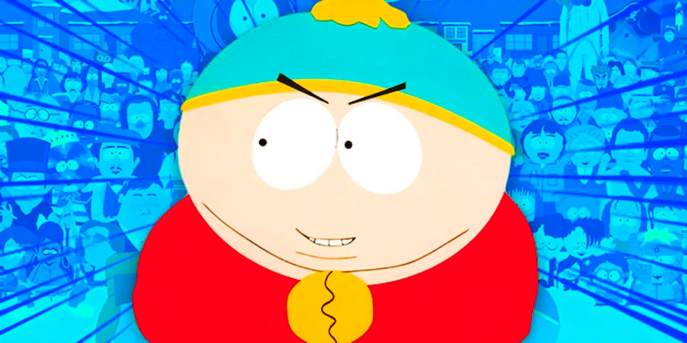 Cartman from South Park looking nefarious and rubbing his hands together before a blue background Image