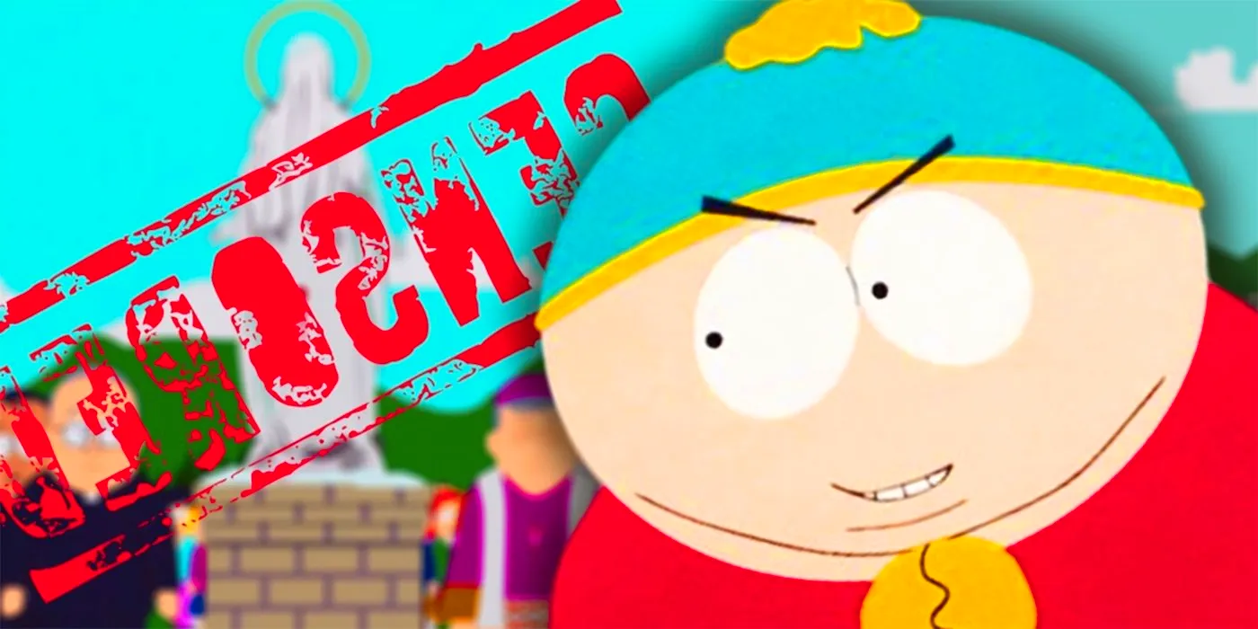 Cartman from South Park standing in front of a Censored Virgin Mary Statue Image