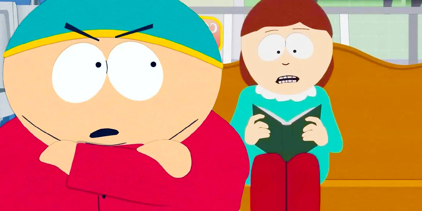 Cartman is angry at his mother as she reads to him in South Park Image