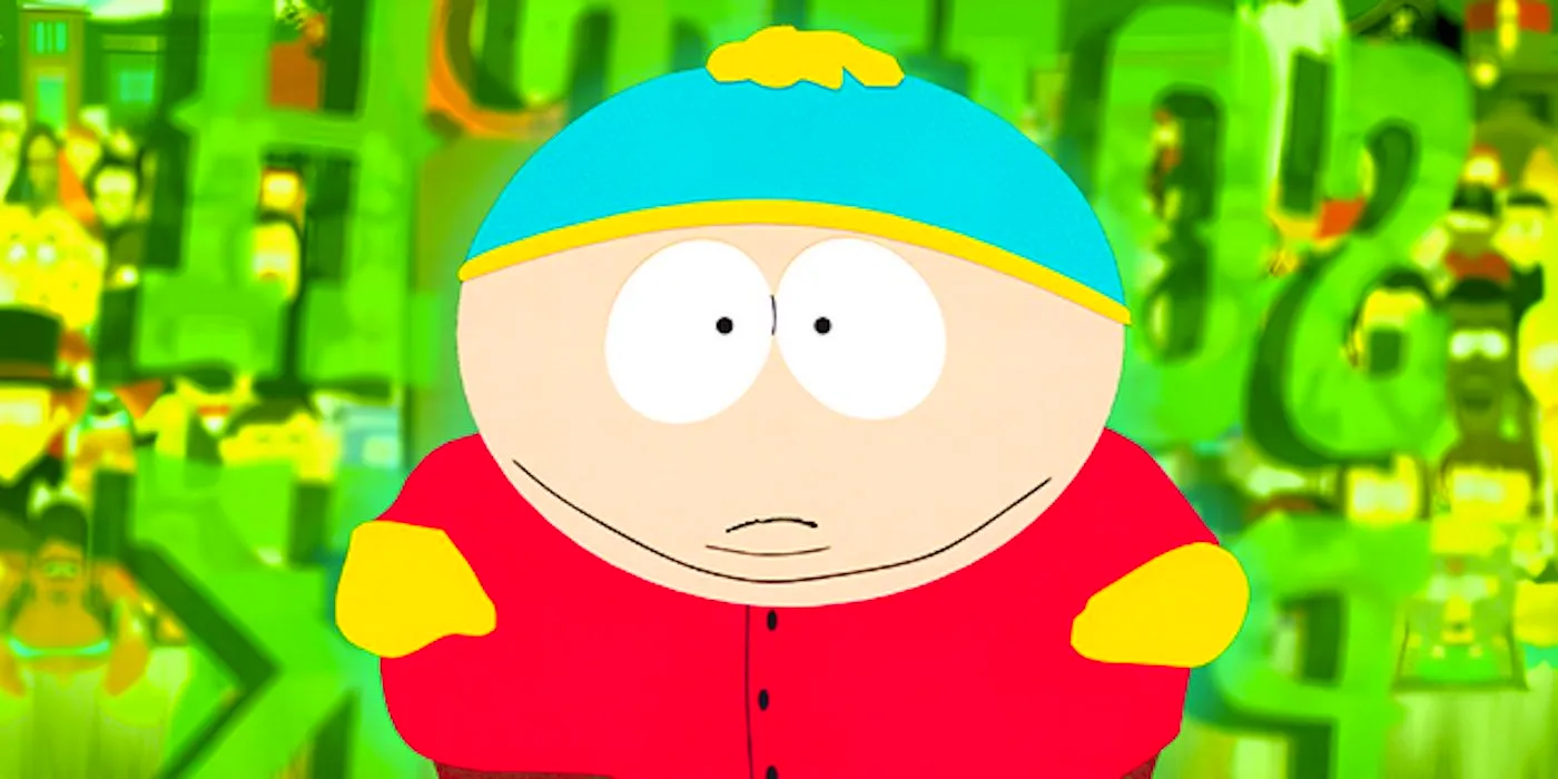 Cartman stares ahead in front of the South Park logo Image