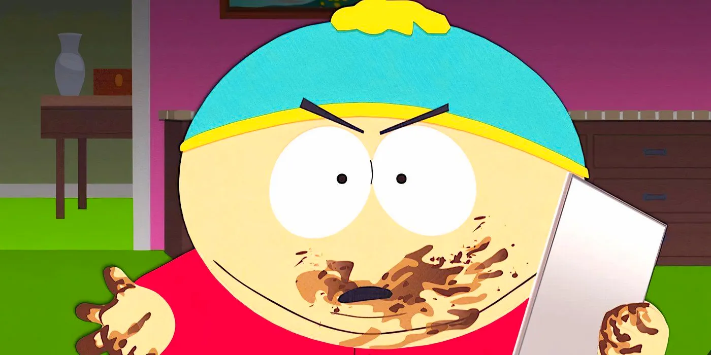 Cartman stares angrily with dirt all over his hands and mouth in South Park Image