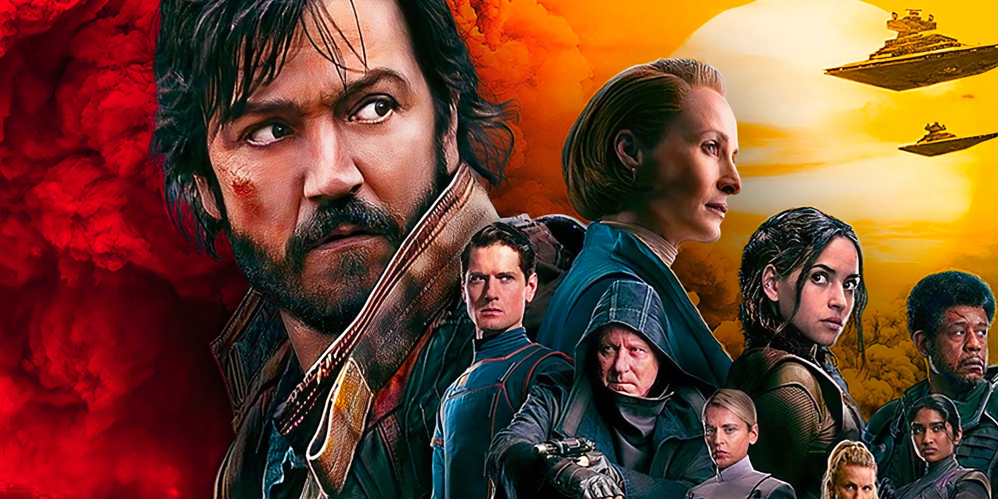 Cassian Andor, Mon Mothma, Bix Caleen, Luthen Rael, Syril Karn, and more in an Andor season 1 poster, edited with a red-to-yellow gradient Image