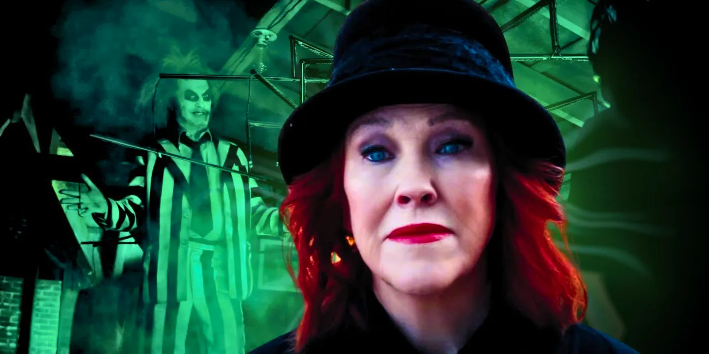 Catherine O'Hara as Delia Deetz in the foreground with Michael Keaton as Beetlejuice in the background in Beetlejuice 2 Image