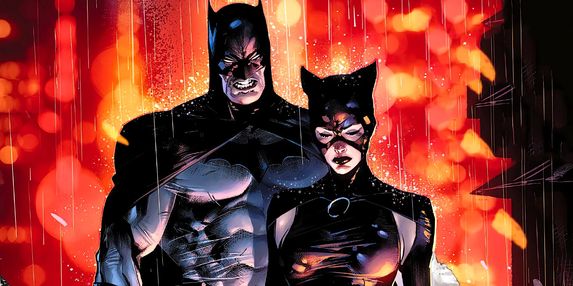 Catwoman and Batman Stand in the Rain in DC Comics Art Image