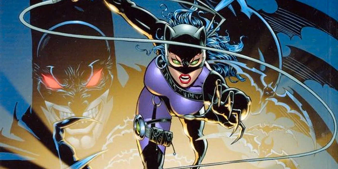 Catwoman leaps forward, wearing a purple and black suit, an evil Batman lurking in the background.  Image