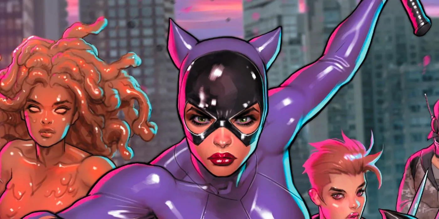 Catwoman looks forward with determination, Scandal Savage and Lady Clayface on either side of her. Image